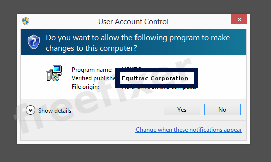 Screenshot where Equitrac Corporation appears as the verified publisher in the UAC dialog